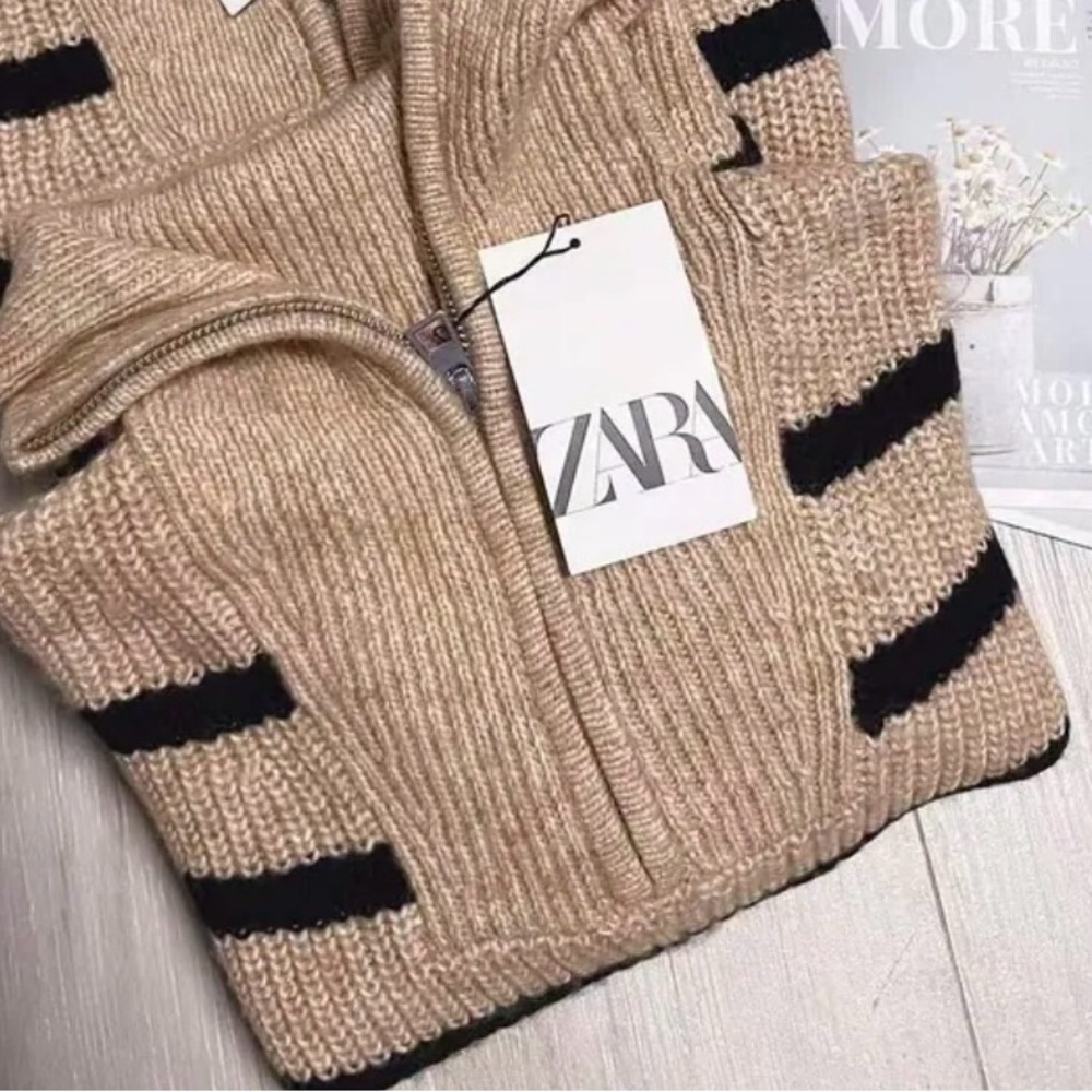Zara Women’s Tan Knit Zip-Up Sweater with Black Stripes